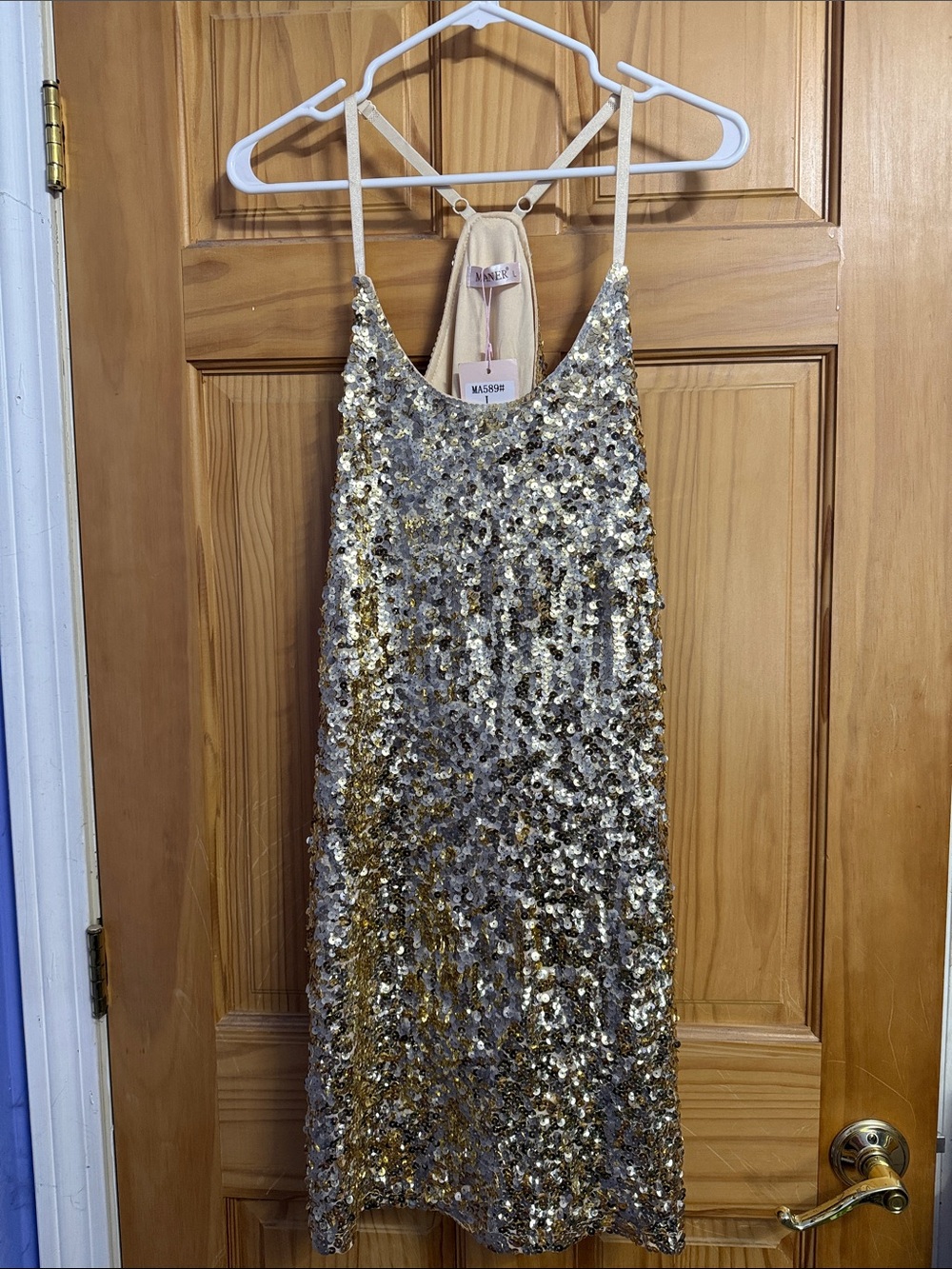 Sequined Gold Mini Dress with Spaghetti Straps